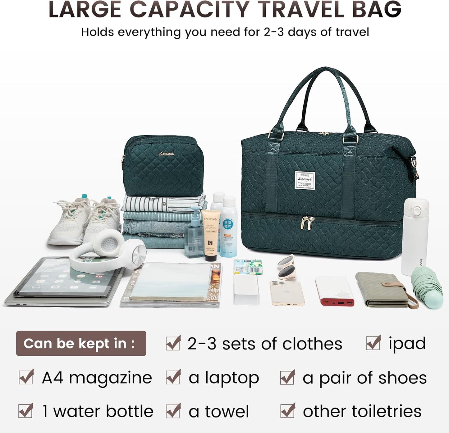LOVEVOOK Travel Duffle Bag,Weekender Bags for Women with Shoe Compartment，Carry on Overnight Bag with Toiletry Bag,Gym Duffel Bag with Wet Pocket, Hospital Bags for Labor and Delivery