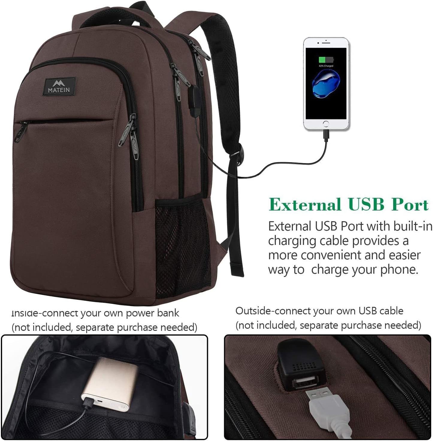MATEIN 15-inch Laptop Backpack, School Backpack with USB for Men Women and College Student, Sturdy Laptop Bag for Laptop Accessories Water Resistant Travel Backpack Functional Birthday Gifts