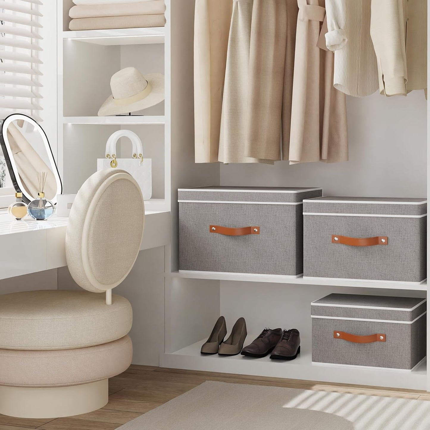 Fabric Storage Bins with Lids, Linen Foldable Clothes Boxes, Closet Organizer Containers with Double Handles, Baskets for Bedroom, Grey, 3 Pack, 13 x 9.1 x 7.9 Inch