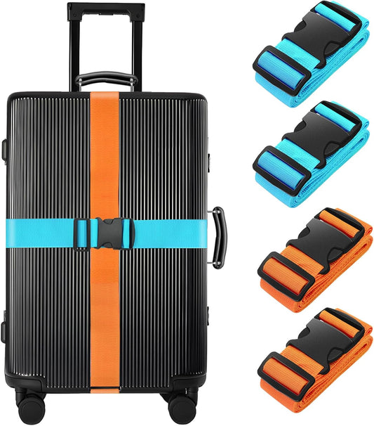 BILIONE 4 Pack Luggage Straps 79" Long Belts Keep Suitcase Secure While Traveling, TSA Approved Add a Bag Premium Accessory for Travel Bag Closure (2PCS Blue + 2PCS Orange)