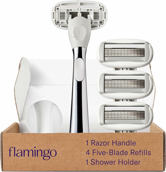 Flamingo Shaving Razor Set for Women - Razor Handle, 4 Razor Blade Refills, Shower Holder - Chrome