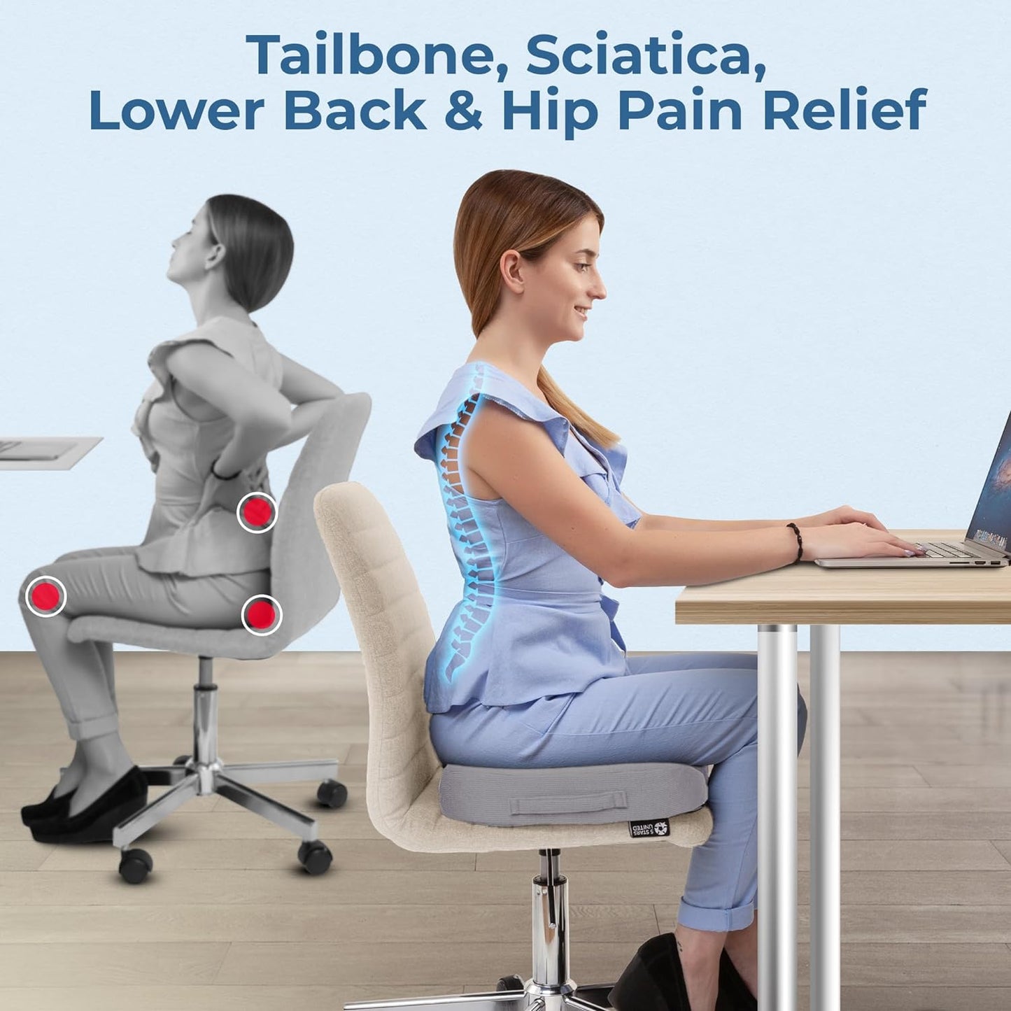 5 STARS UNITED Seat Cushion for Tailbone Pain Relief – Large Memory Foam Cushion for Coccyx, Hip, Sciatica & Post-Surgery Recovery – Wheelchair, Car, Desk, Gaming & Office Chairs, Light Gray