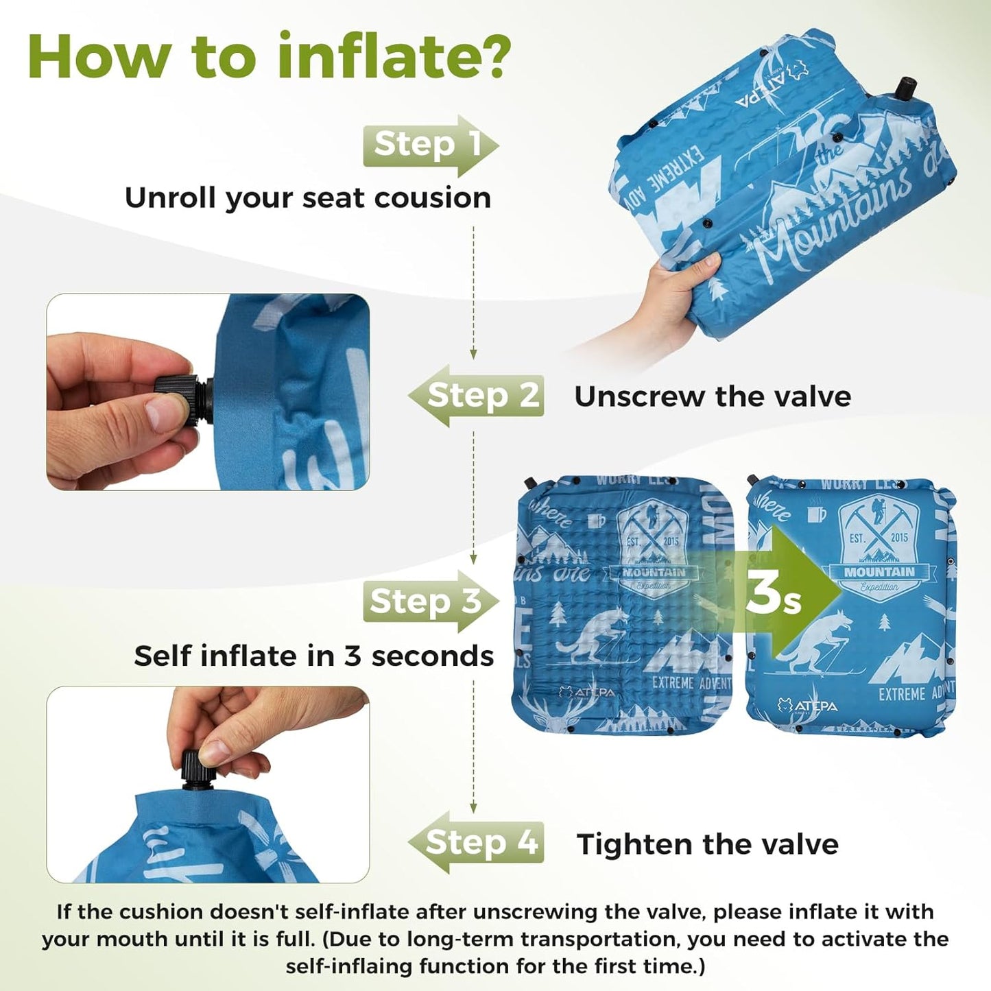 ATEPA Inflatable Stadium Seat Cushion, Self-Inflating Memory Foam Stadium Seats Bleacher Seat Chair Cushion Pad for Airplane Travel Backpacking Sports Events