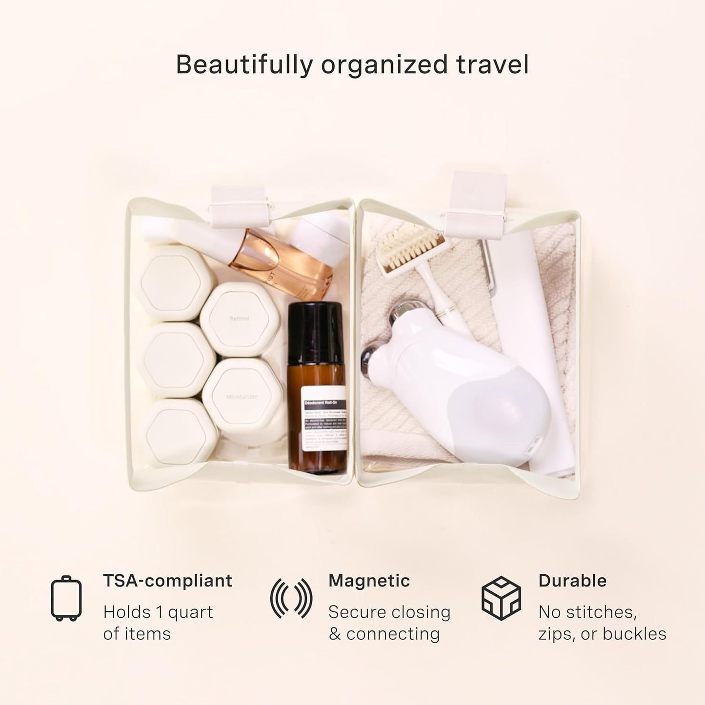 Cadence Parcel - Clear Kit with Magnetic Closure - Durable and Leak-Resistant Travel Toiletry Kit - TSA-Compliant & Modular Design - Hygiene Bag for Travel Essentials - 1 Qt - Pebble