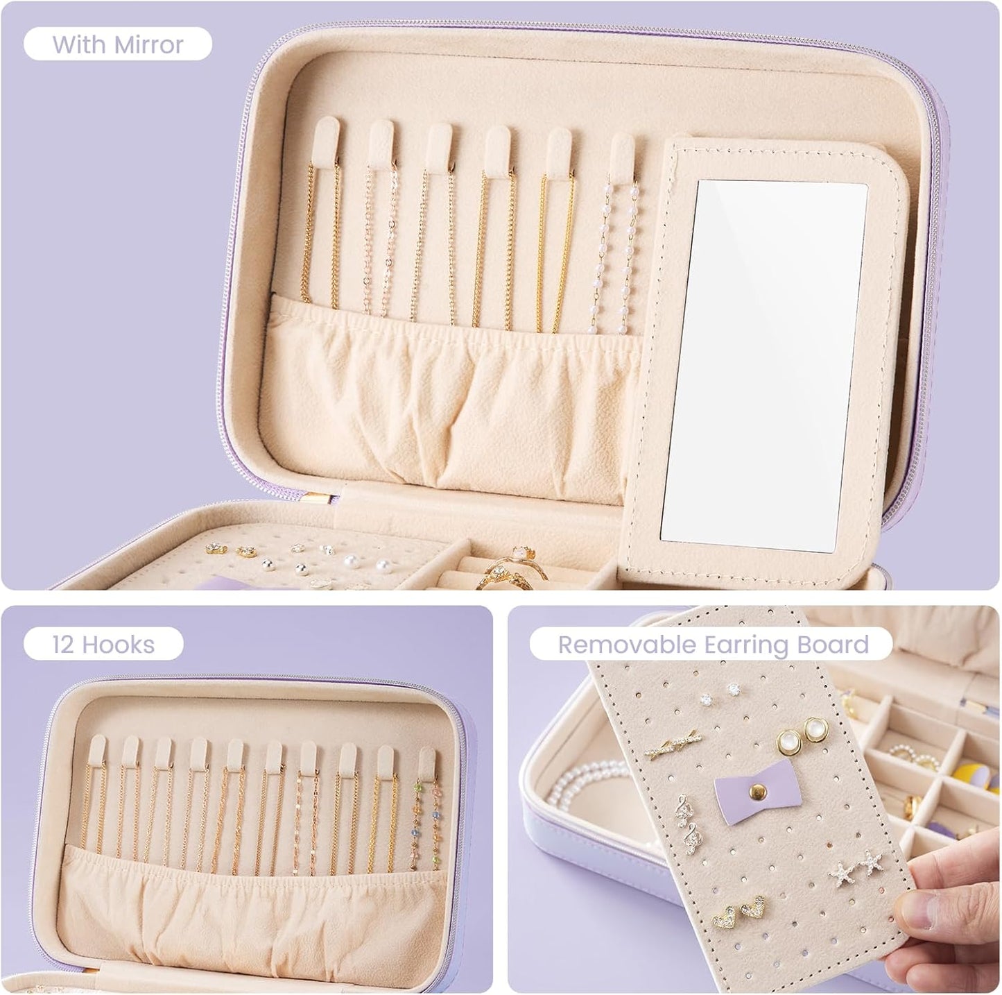 Lolalet Travel Jewelry Case for Women, Travel Jewelry Organizer Box with Mirror & Clear Storage Bag, Small Portable Traveling Earring Necklace Bracelet Ring Case, Bridesmaid Gifts -Medium, Purple