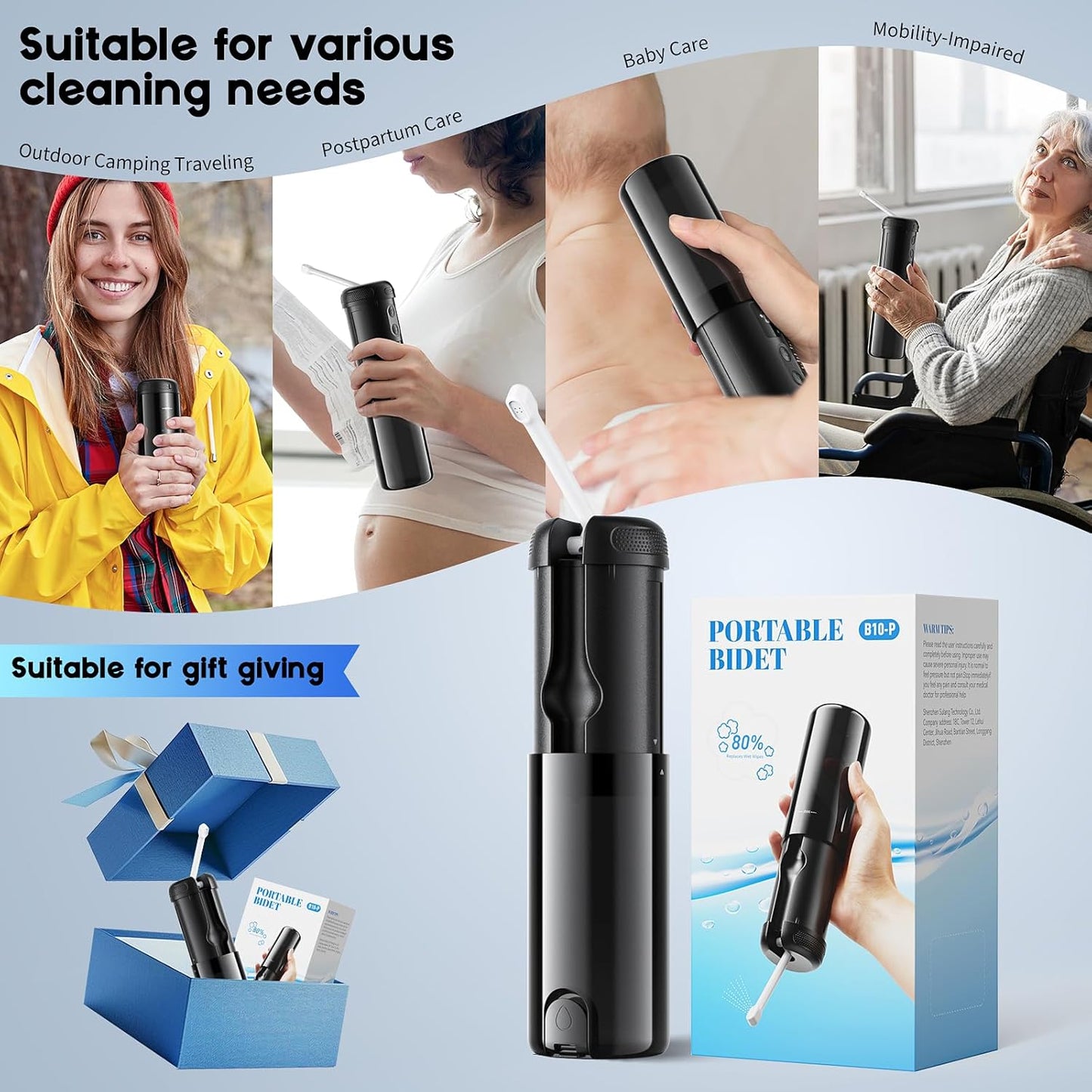 Peri Bottle for Postpartum Care-250ml Portable Bidet for Travel with 5 Sprayer Modes, 2000mAh Rechargeable Electric Bidet with 8 Replaceable Nozzles for Perineal Care & Post-Surgery Care (Black)