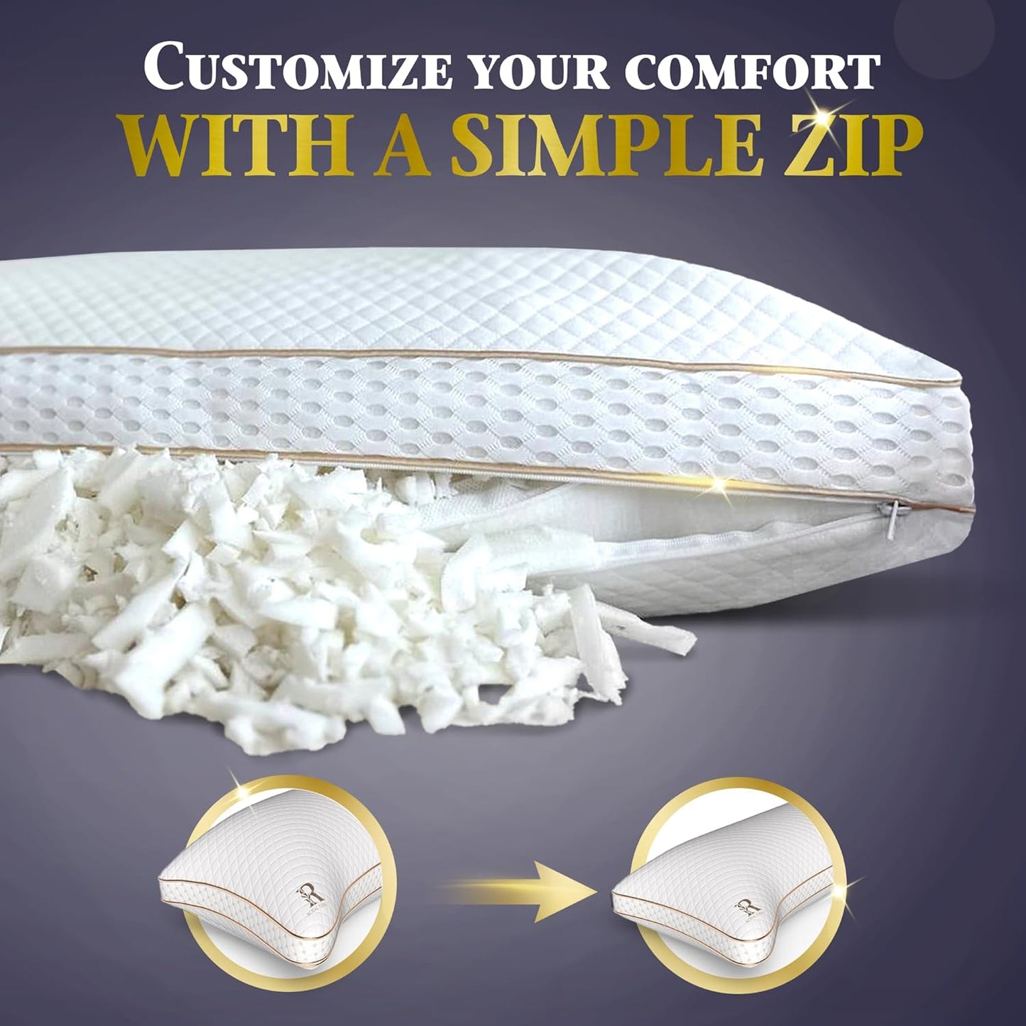 Royal Therapy 4-Pack Adjustable Queen Pillows, Shredded Memory Foam Pillows Queen Size Set, Cooling Pillow Bed Pillow Firm Pillow Foam Side Sleepers