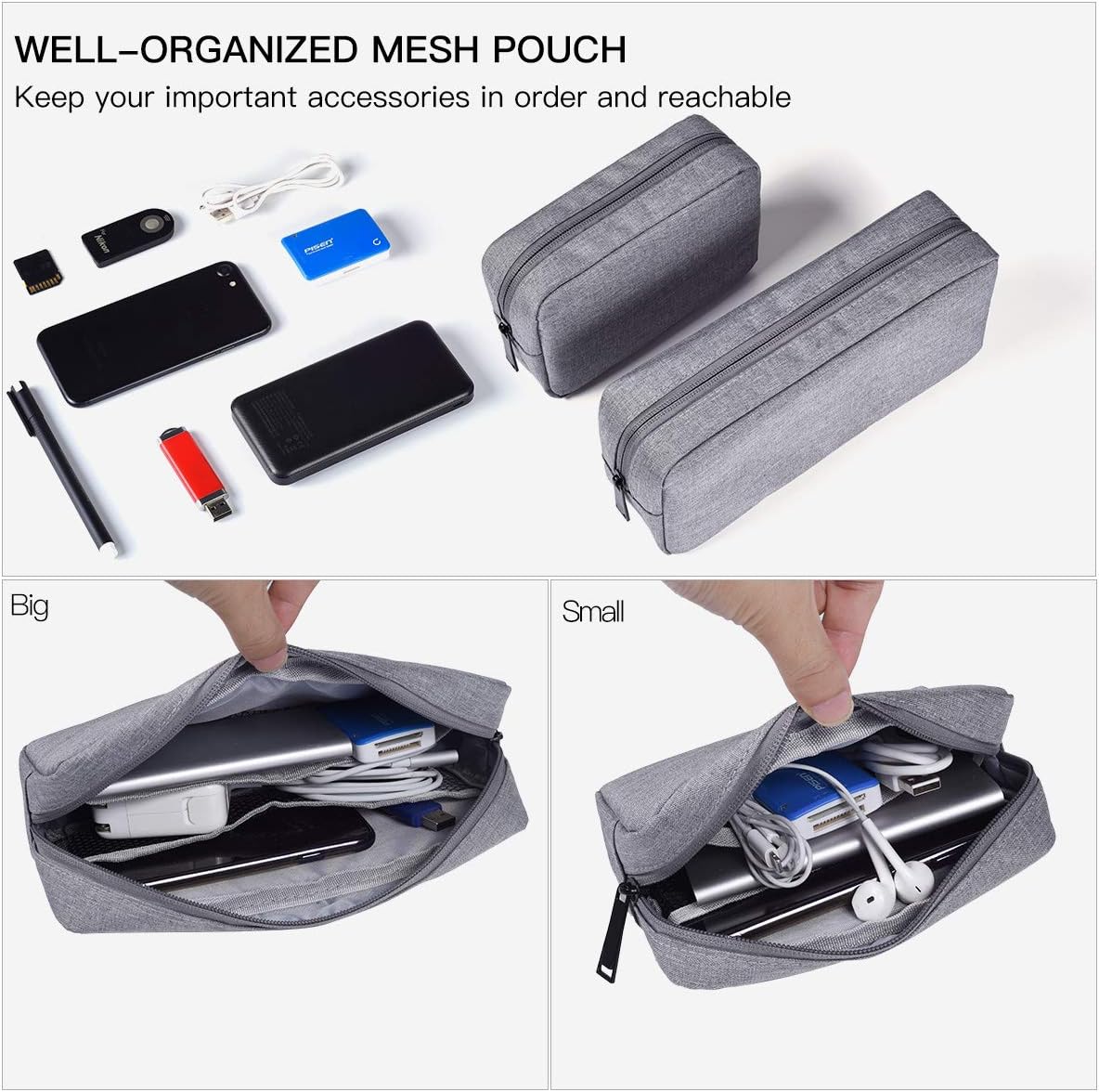 Portable Electronics Accessories Storage Bag, 2PCS Big + Small Carrying Case Travel Cable Organizer Cosmetic Bag Pouch Compatible Hard Drive, Power Bank, Mouse, Laptop Charger, Cellphone, Gray