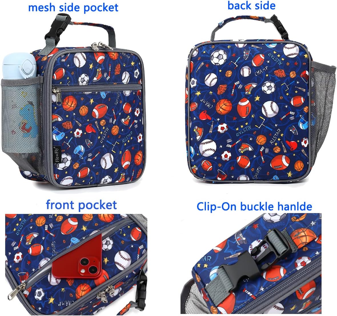FlowFly Lunch box Insulated Soft Bag Mini Cooler Back to School Thermal Meal Tote Kit for Girls, Boys (Football)