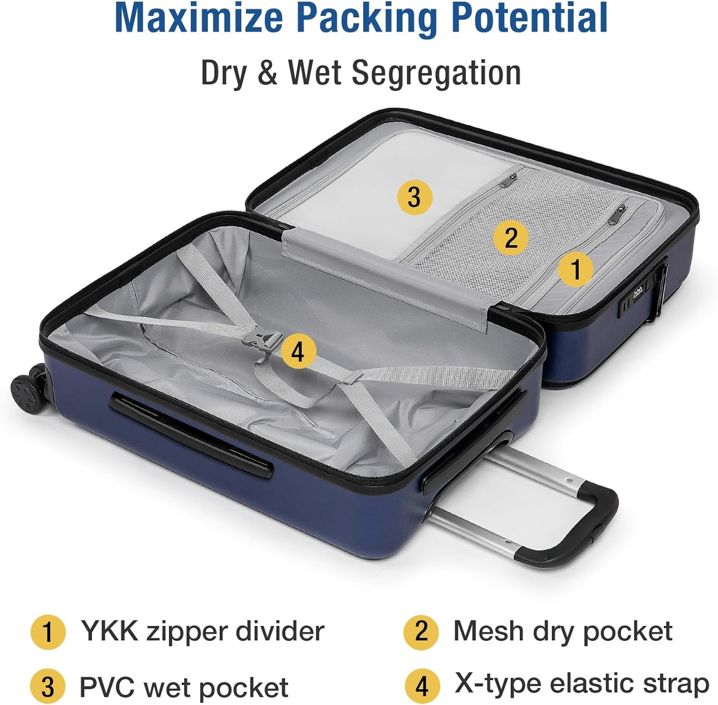 KYME 22-Inch Hardside Small Suitcase - 100% PC Hard Shell with Laptop Compartment, TSA Lock, Double Wheels for Men & Women, Navy