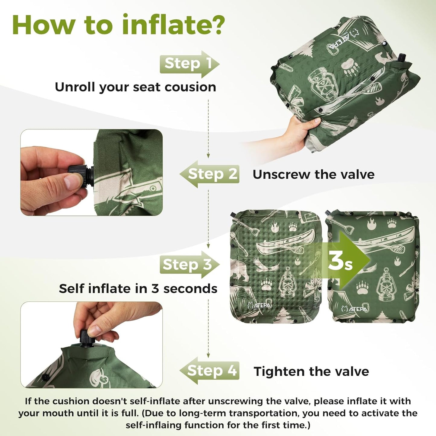 ATEPA Inflatable Stadium Seat Cushion, Self-Inflating Memory Foam Stadium Seats Bleacher Seat Chair Cushion Pad for Airplane Travel Backpacking Sports Events