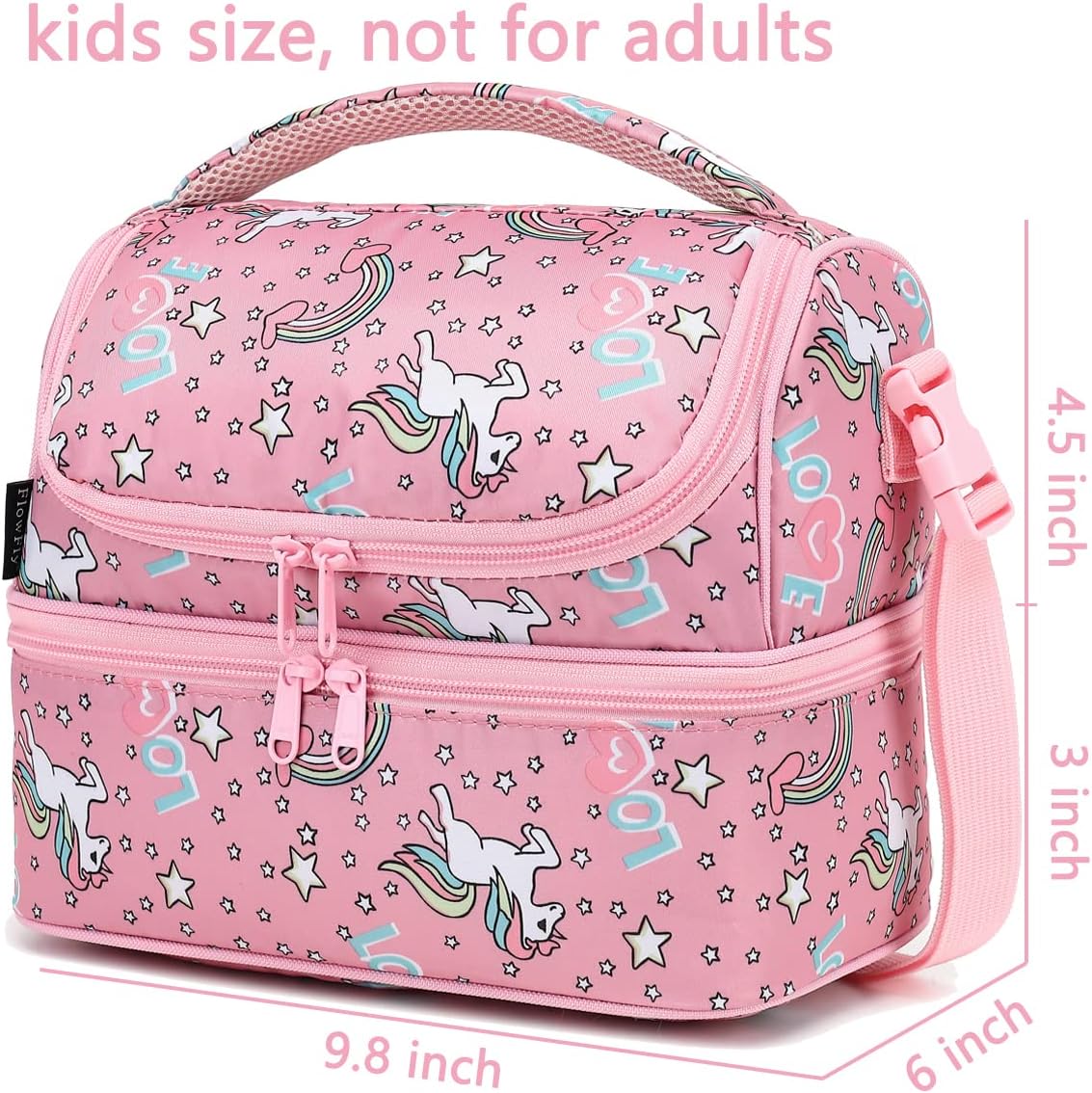 FlowFly Double Decker Cooler Insulated Lunch Bag Large Tote for Boys, Girls, Men, Women, With Adjustable Strap (Red-Unicorn)