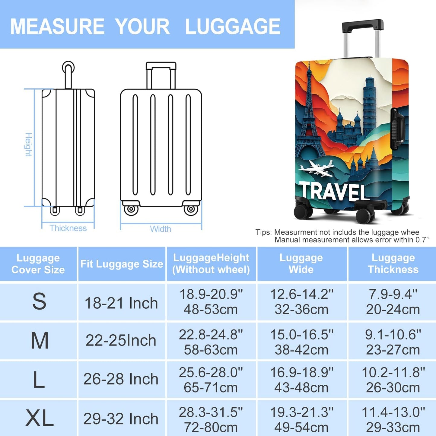 Luggage Cover Washable Suitcase Protector Anti-Scratch,Stretchable Fit for 20-34Inch Luggage Durable Travel Bag Cover with Zipper Closure (Travel-3, XL(fits 32-34Inch suitcase))