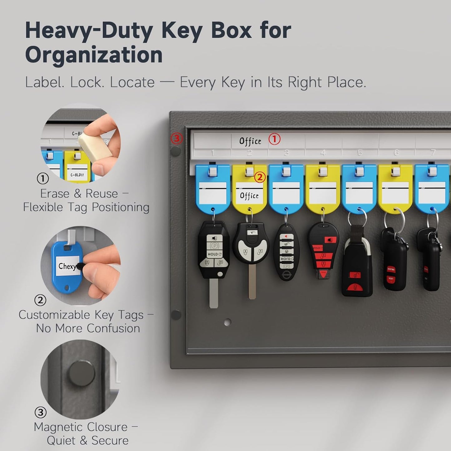 16-Key Cabinet Organizer, Key Lock Box Secured Key Holder for Valets, Hotels, Car & House Keys Black