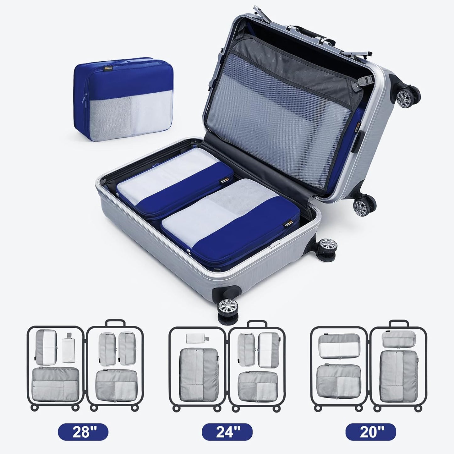 6 Set Compression Packing Cubes for Travel Essentials, Luggage Organizers for Suitcases (Dark Blue)