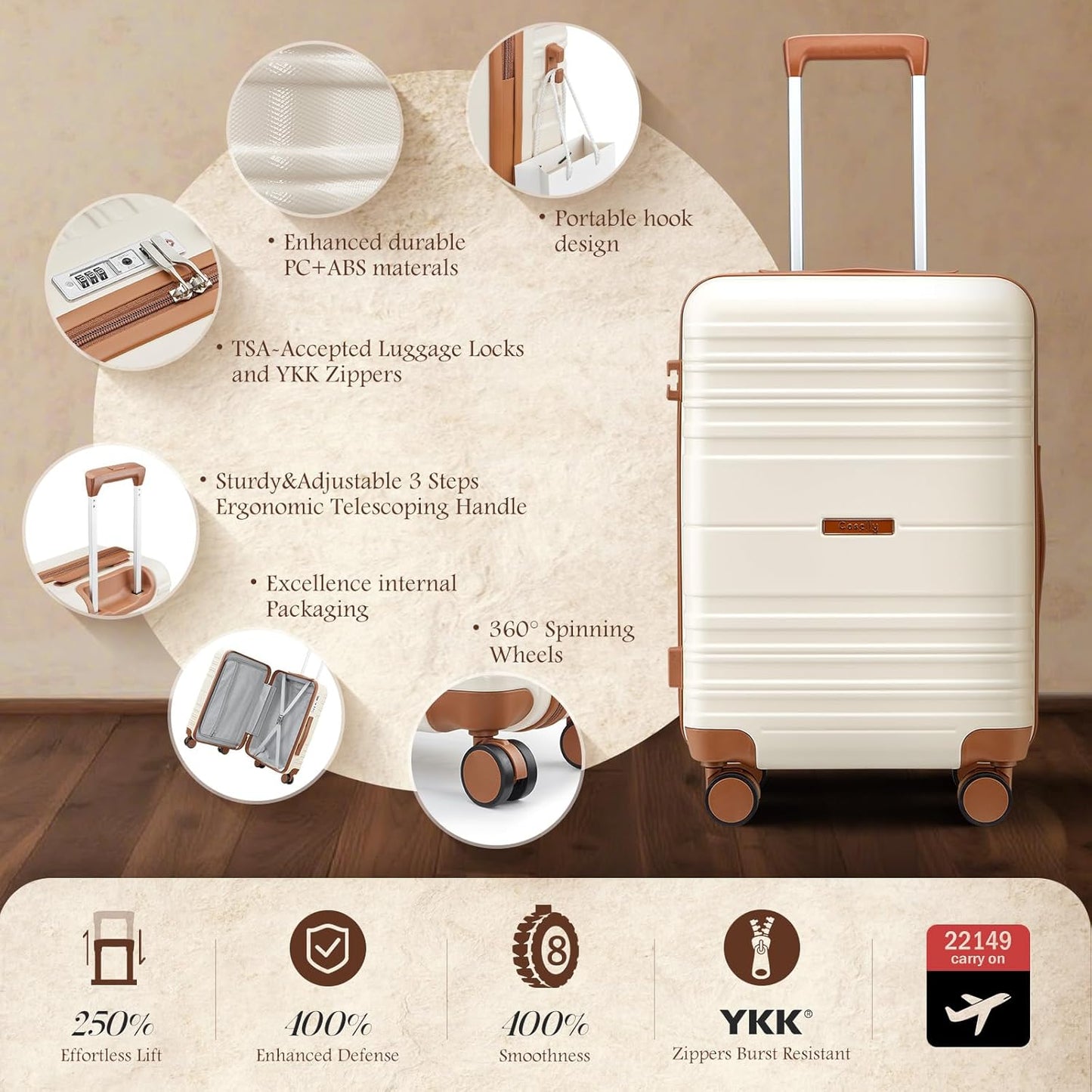 Luggage Sets with spinner wheels, PC+ABS Hard Shell Travel Luggage,Lightweight Carry-on suitcases with TSA Lock,YKK Zippers (Beige, 20 Inch)