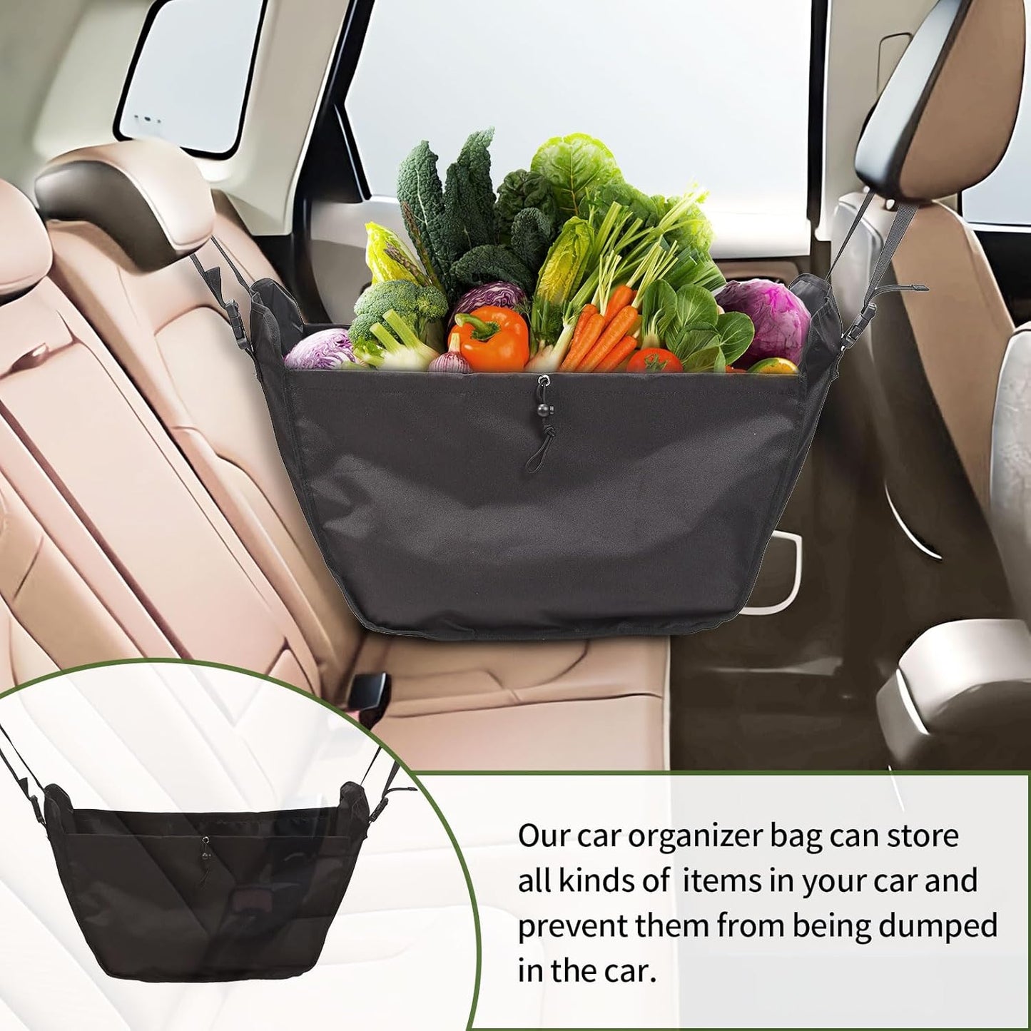 Car Seat Organizer - Large Capacity Passenger Seat Storage Travel Bag, Portable, Foldable and Collapsible Miscellaneous Car Hanging Bag, Shopping Shoulder Bag, Reusable Tote with Drawstrings