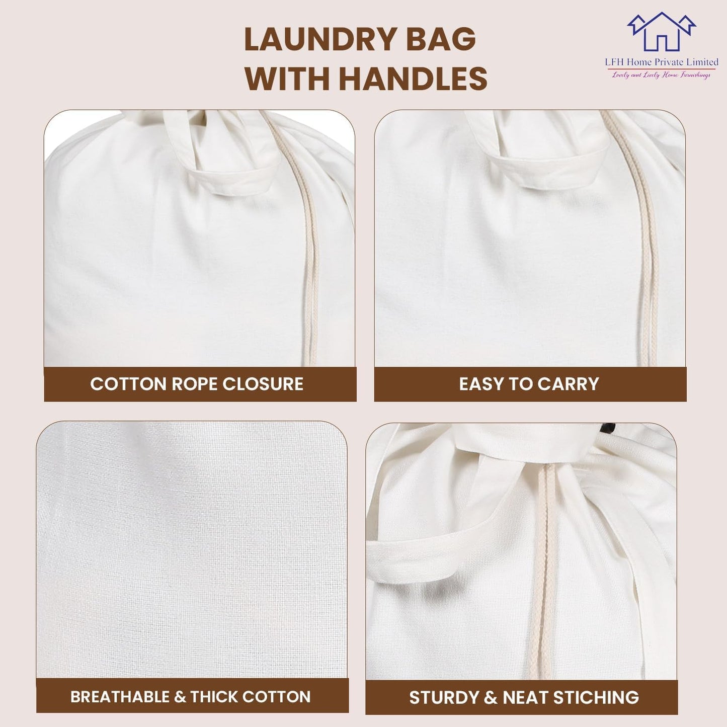 LFH Home Cotton Canvas Large Laundry Bag with Handle, Heavy Duty Drawstring Closure Washable Laundry Bags, School Travel, Home, Hotel, College Dorm, Organizer Sack, Toy Clothes 28x36 (Pack of 4)-White