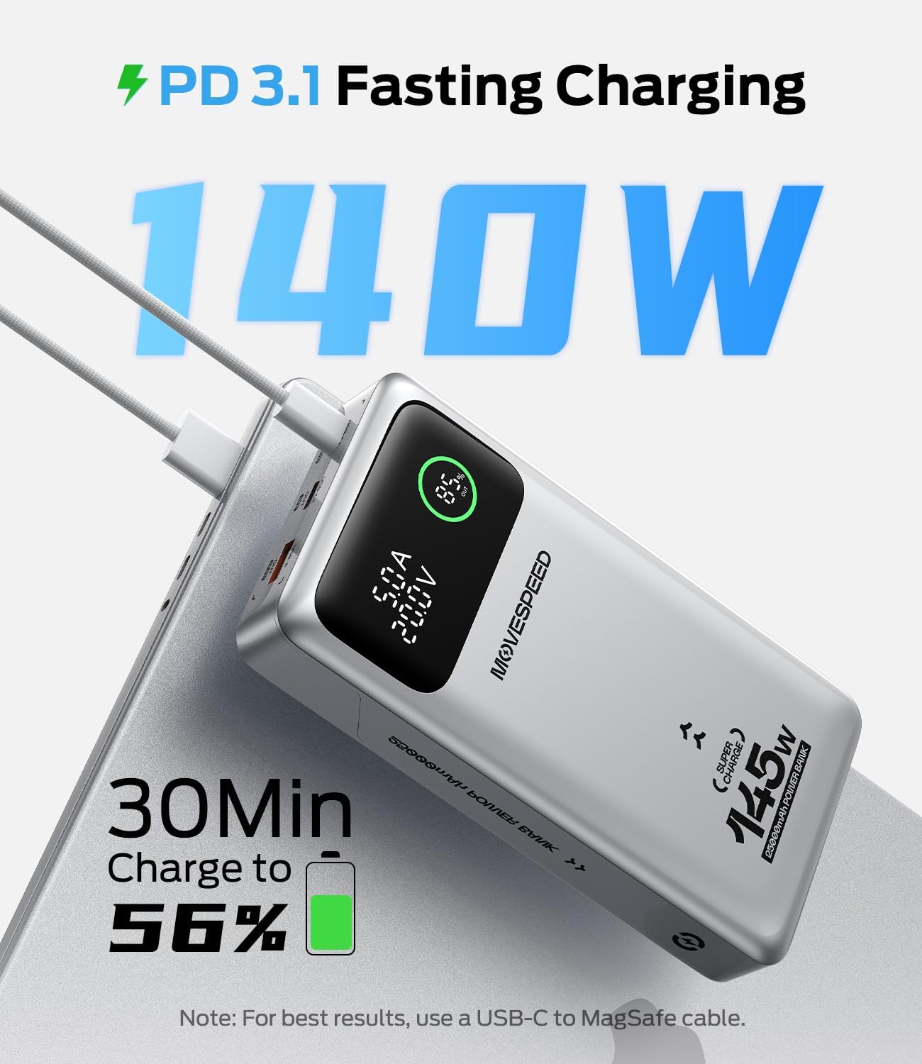 MOVE SPEED 145W Laptop Power Bank, PD 3.1 25,000mAh Fast Charging Portable Charger with 240W Type C Cable, USB C 3-Port with Digital Display Travel Outdoor Charger for iPhone, Dell, MacBook, Galaxy