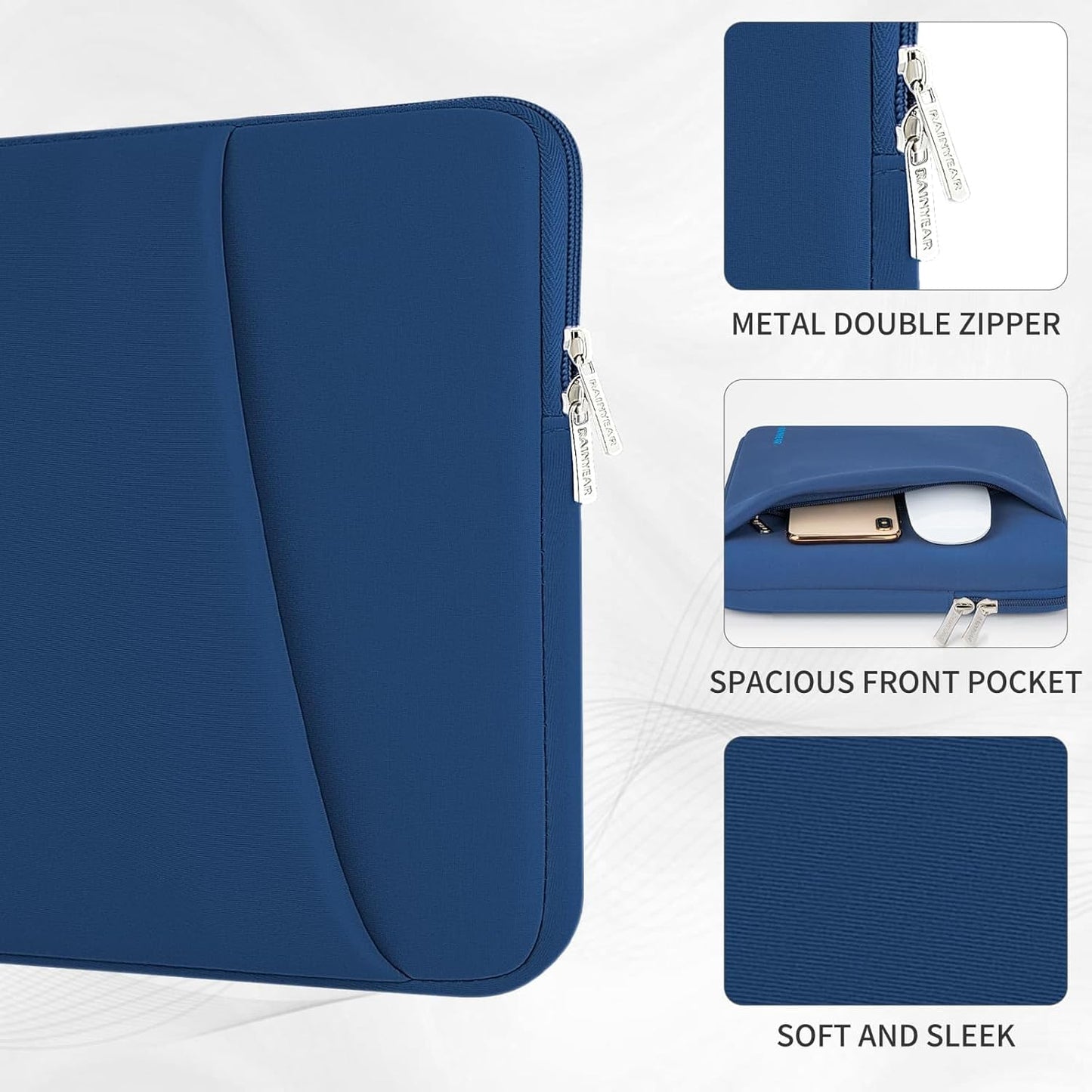 RAINYEAR Laptop Sleeve Case with Front Pocket, 15.6 Inch Protective Portable Case with Front Pocket, Briefcase Laptop Carrying Bag Cover Compatible for HP, Dell, Asus, Lenovo, Notebook, Navy Blue