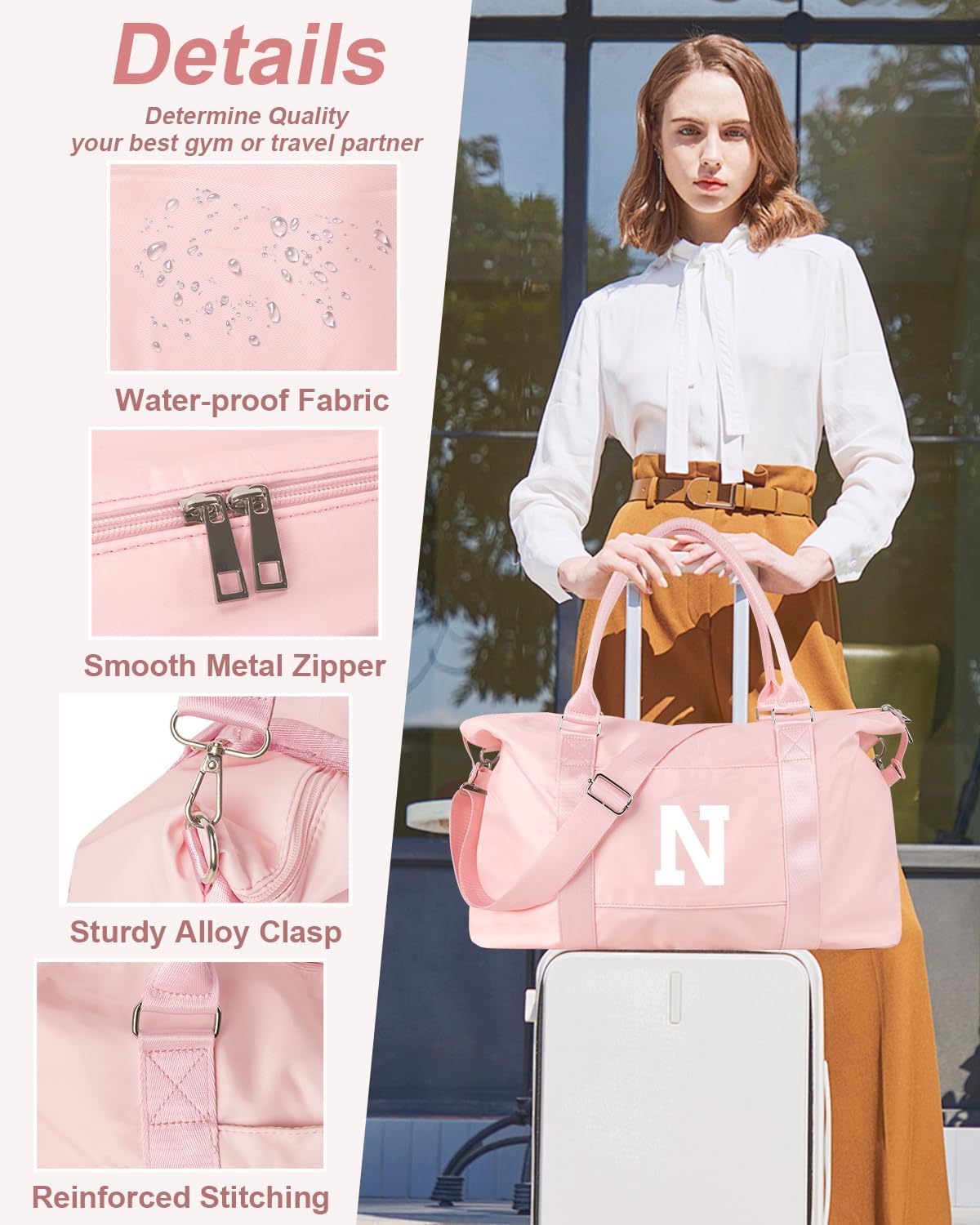 Initial Travel Duffel Bag Sports Gym Bag for Girls Teen Birthday Gifts,Pink Personalized Weekender Bag Carry On Tote Bags for Women Men,Waterproof Overnight Luggage Bag with Trolley Sleeve(Letter N)