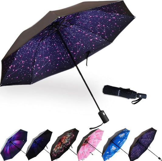 LLanxiry Compact Travel Umbrella, Mini Windproof Umbrellas for Rain & Sun, Small Lightweight Outdoor UV Umbrella, Portable Folding Umbrellas for Travel