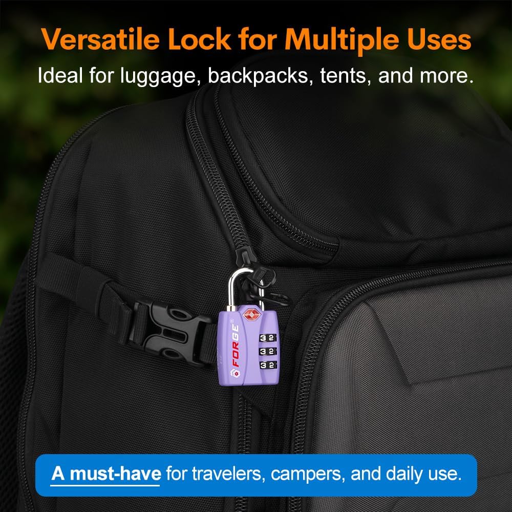 Forge Luggage Locks TSA Approved 4 Pack Purple, Small Combination Lock with Zinc Alloy Body, Open Alert, Easy Read Dials, for Travel Suitcase, Bag, Backpack, Lockers.