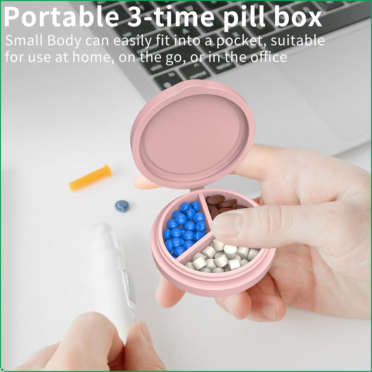 2 Pack Small Pill Box,3 Compartment Round Silicone Travel Pill Box for Purse Pocket, Waterproof Portable Compact Medicine Holder for Vitamin, Cod Liver Oil, Supplement (Red+Pink)
