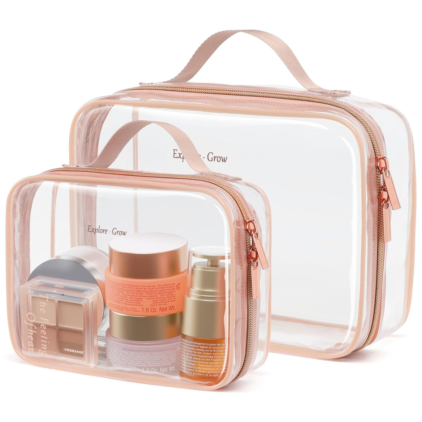 PACKISM Clear Makeup Bag - 2 Pack TSA Approved Toiletry Bag with Handle and 180° Large Opening, Clear Toiletry Bag Fit Carry-on Travel Essential, Travel Bags for Toiletries, Rose Pink