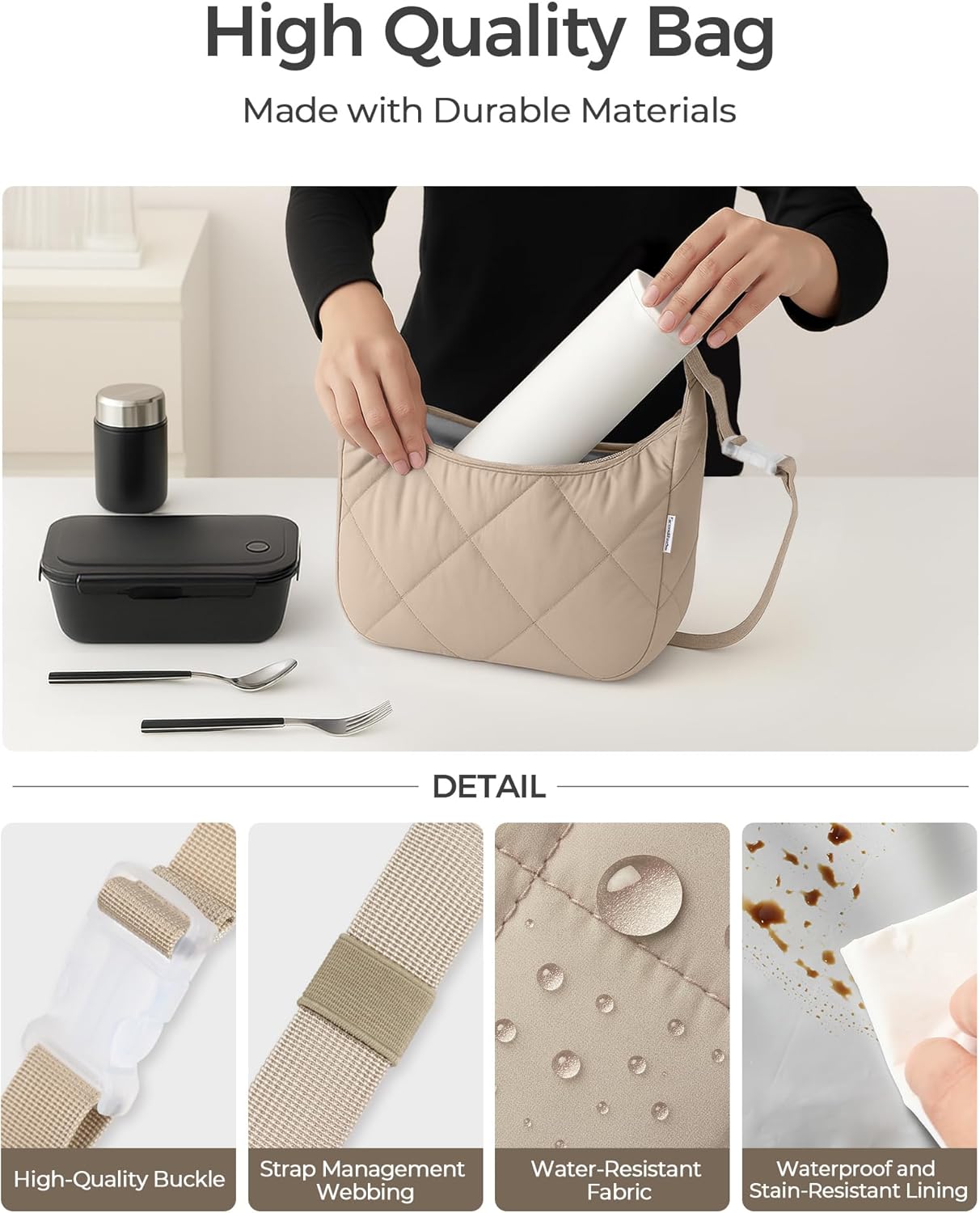 Quilted Lunch Bag for Women, Cute Insulated Lunch Tote with Adjustable Strap, Puffy Reusable Waterproof Cooler Bag, Stylish Bento Lunch Box for Work Picnic Travel, Beige