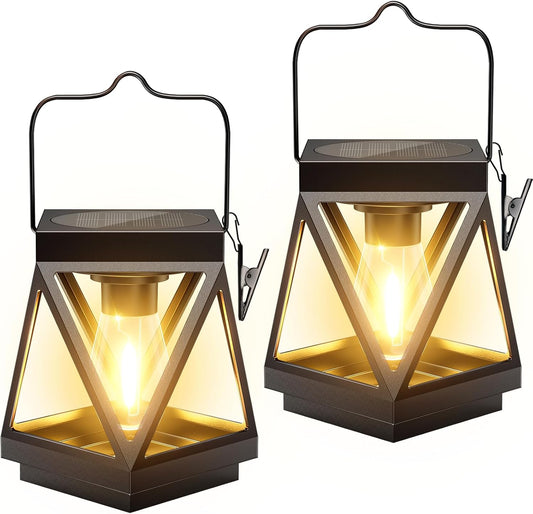 KOOPER 2 Pack Solar Lanterns Outdoor Waterproof, Upgraded Black Metal Hanging Solar Lights Outdoor Lanterns Decorative for Yard Patio Table Pathway Garden Decor