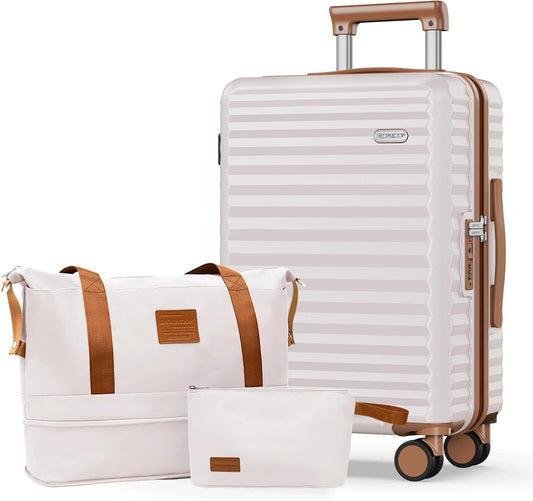 SHOWKOO Suitcase Hardside Expandable Luggage Set, Suitcase with Double Spinner Wheels TSA Lock 3 Piece Set Beige White (DB/TB/24in)