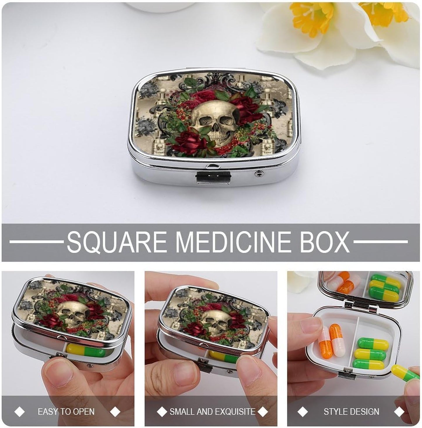 Metal 2 Compartment Pill Organizer Travel Friendly Portable Compact Pill Box Cute Pill Case to Hold Vitamins,Fish Oil,Supplements,Meds,Tablet for Purse,Pocket. (Skull)