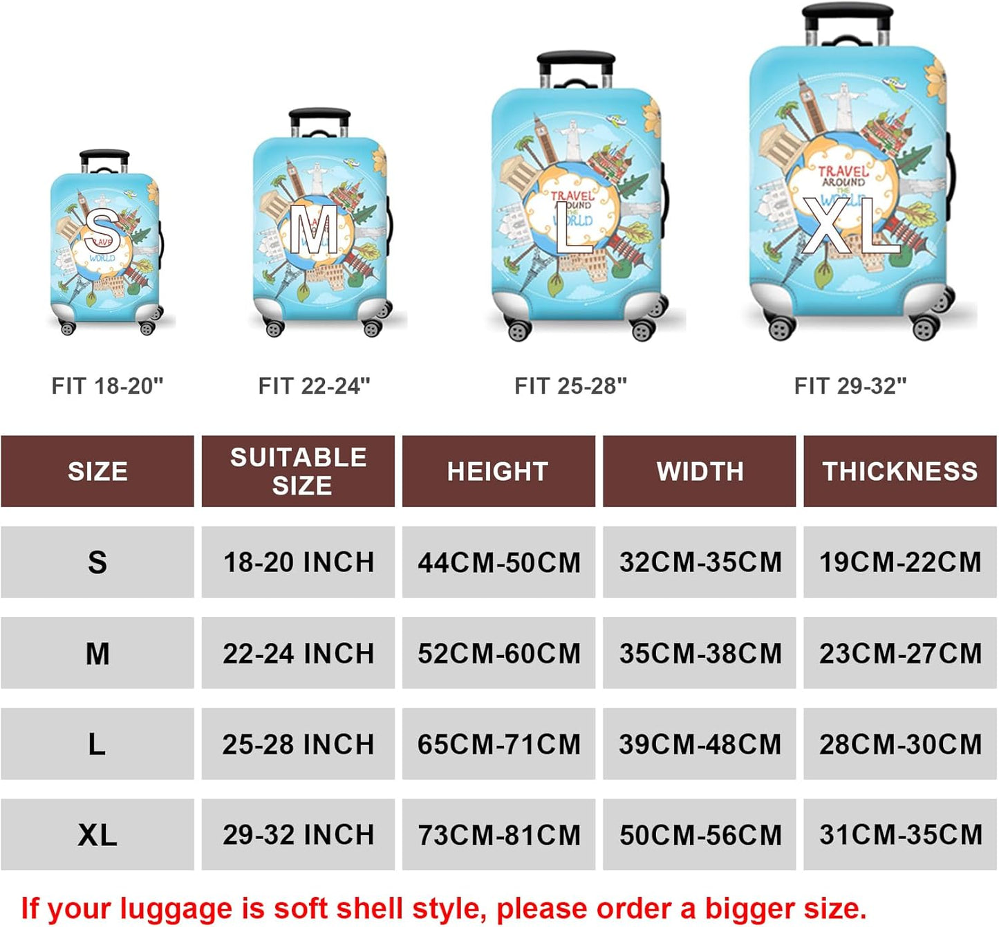 WUJIAONIAO Travel Luggage Cover Baggage Suitcase Cover Protector Skins 18-32 Inch (ocean, S (for 18-20 inch luggage))