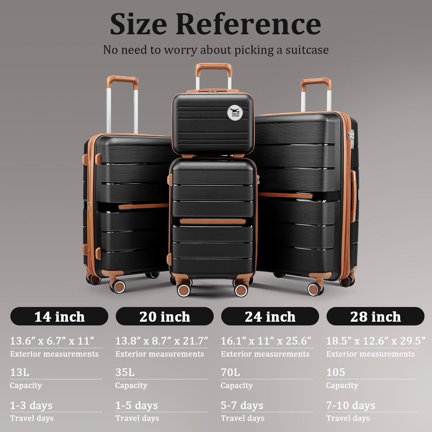Campfun Luggage 4 Piece Sets, Expandable Carry On Luggage Set Hardshell PP, Suitcase Set with Double Spinner Wheels, Checked Durable Lightweight with TSA Lock, 14in 20in 24in 28in-Black Brown(A)