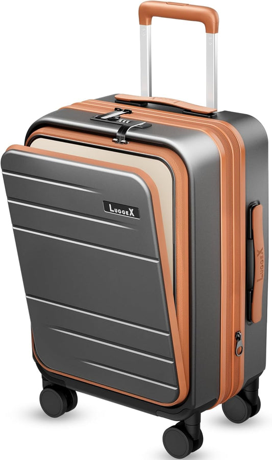LUGGEX Carry On Luggage 22x14x9 Airline Approved, FLO5 Expandable Polycarbonate Suitcase with Front Pocket (FX-Core, Brown-Black, 20 Inch)