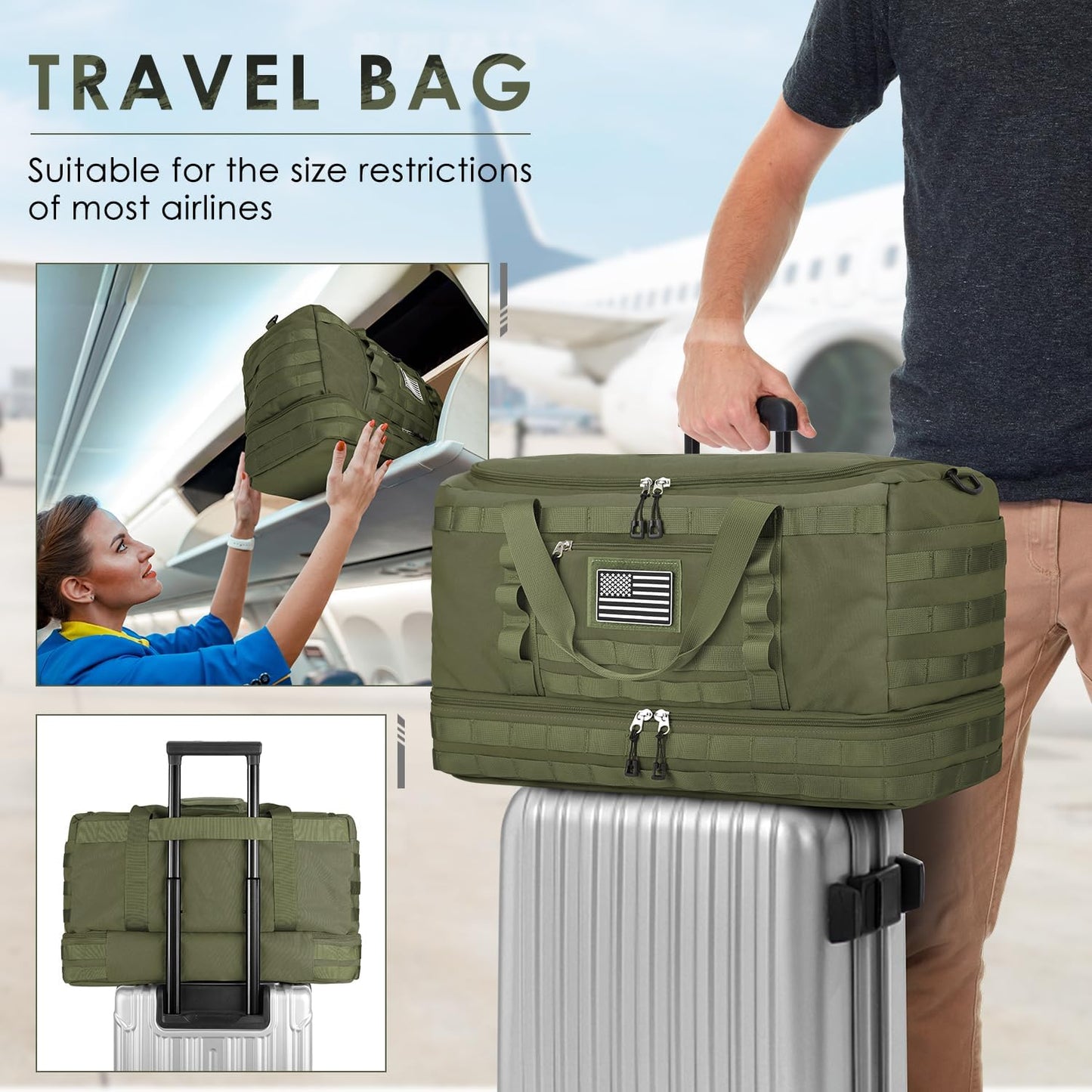 ETRONIK Travel Bag for Men Women, Gym Bag & Tactical Duffle Bags for Travel, Carry on with Toiletry Bag and Shoe Compartment, Weekender Overnight Trip with Wet Pocket for Workout Medical, Green
