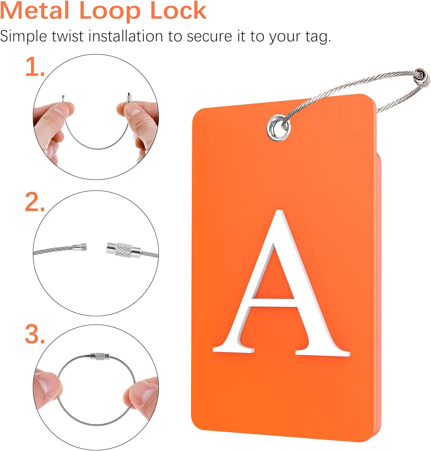 Gostwo 2 Pack Luggage Tags for Suitcases, 26 Initial Letter Travel Luggage Baggage Identification Labels ID Tag Fully Bendable Tags with Stainless Steel Loop (Orange) (Letter A)