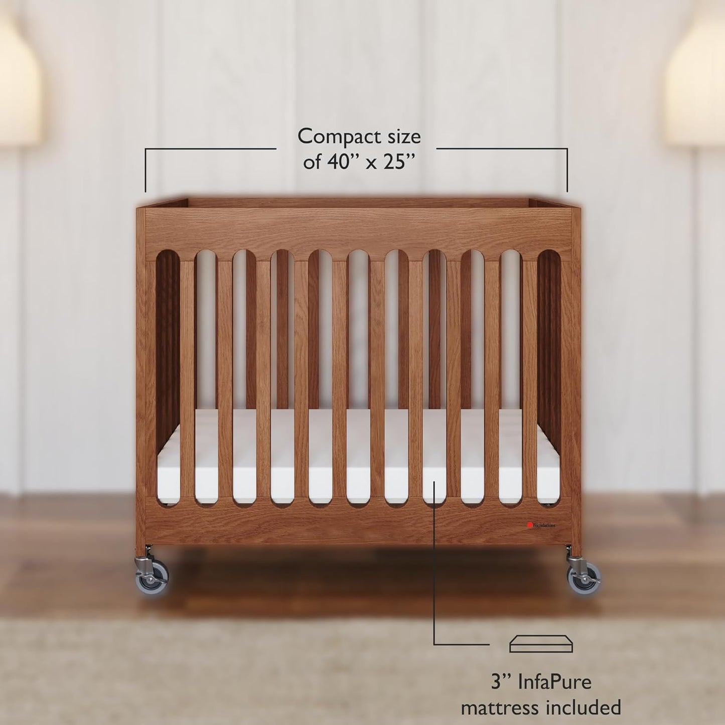 Foundations Boutique Folding Mini Baby Crib - Compact, Portable, Wooden Hotel Crib, Foldable Mini Crib for Baby & Toddlers - Includes 3" Foam Mattress, Cherry
