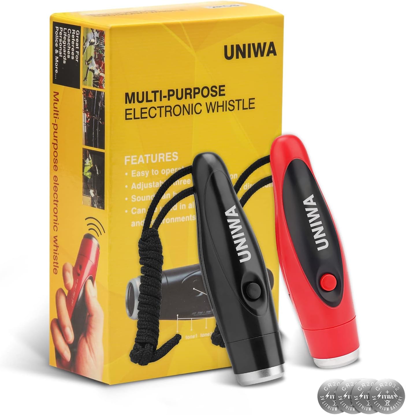 UNIWA Electronic Whistles, 2 Pack Handheld 3 Tone High Volume Electric Whistle with Lanyard for Teacher Coach Referee, Loudest Emergency Whistle Volleyball Soccer Sports Whistle