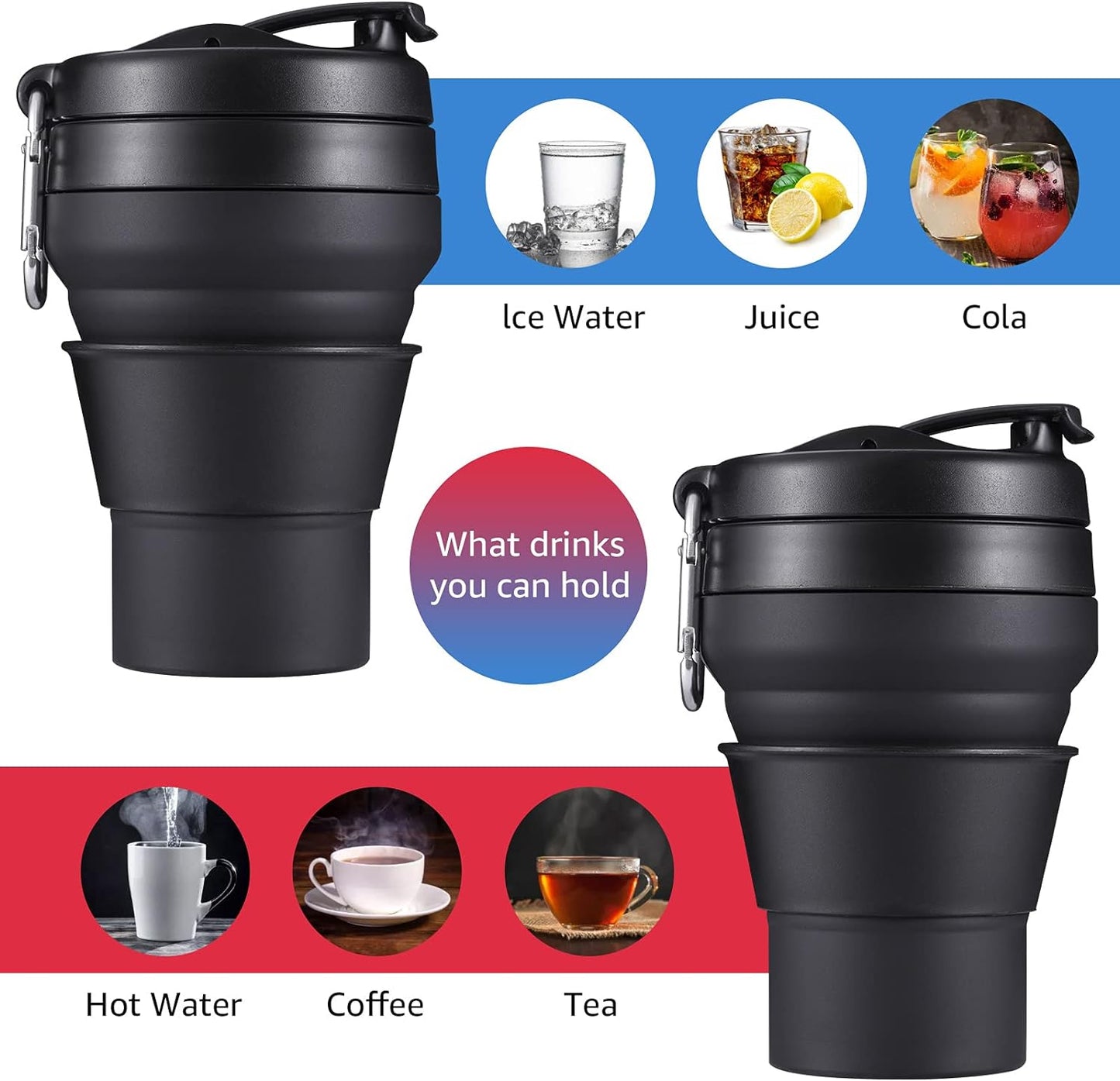 Collapsible Coffee Cup, 16 OZ 480ml Large Silicone Folding Camping Mug, Leak Proof BPA Free Portable, Travel Bottle with Lids for hiking, Microwave & Dishwasher Safe (Black)