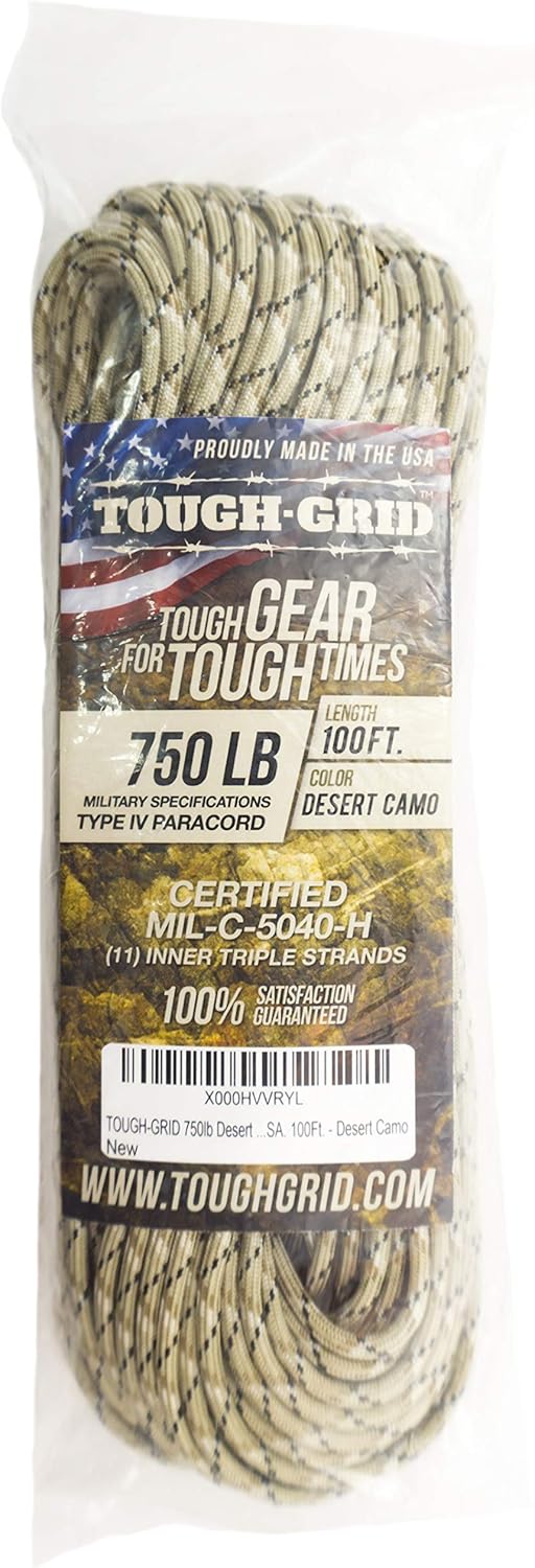 TOUGH-GRID 750 Paracord Rope Nylon Parachute Cord, Made in USA Survival Kit, Outdoor Adventures, Camping, Tactical Gear & Emergency Supplies, Military Type IV Mil-Spec