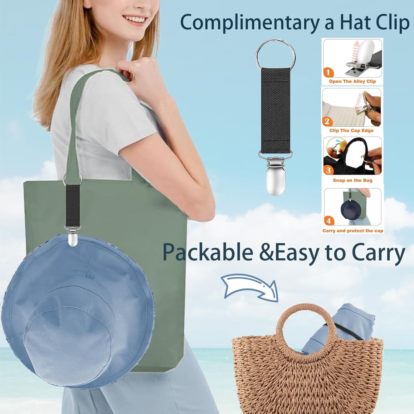 vidsel Womens Sun Hats Wide Brim Reversible Bucket Cotton Hat Packable Summer Travel Cap with Hat Clip,UV Protection