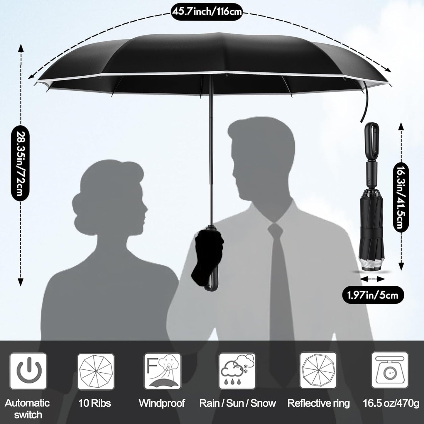 Auto Open Close Umbrella - Ultra Light Compact Travel & Backpack Size for Women and Men, UPF 50+ Eco-Friendly Sun Protection & Windproof Rain Umbrella with UV Defense