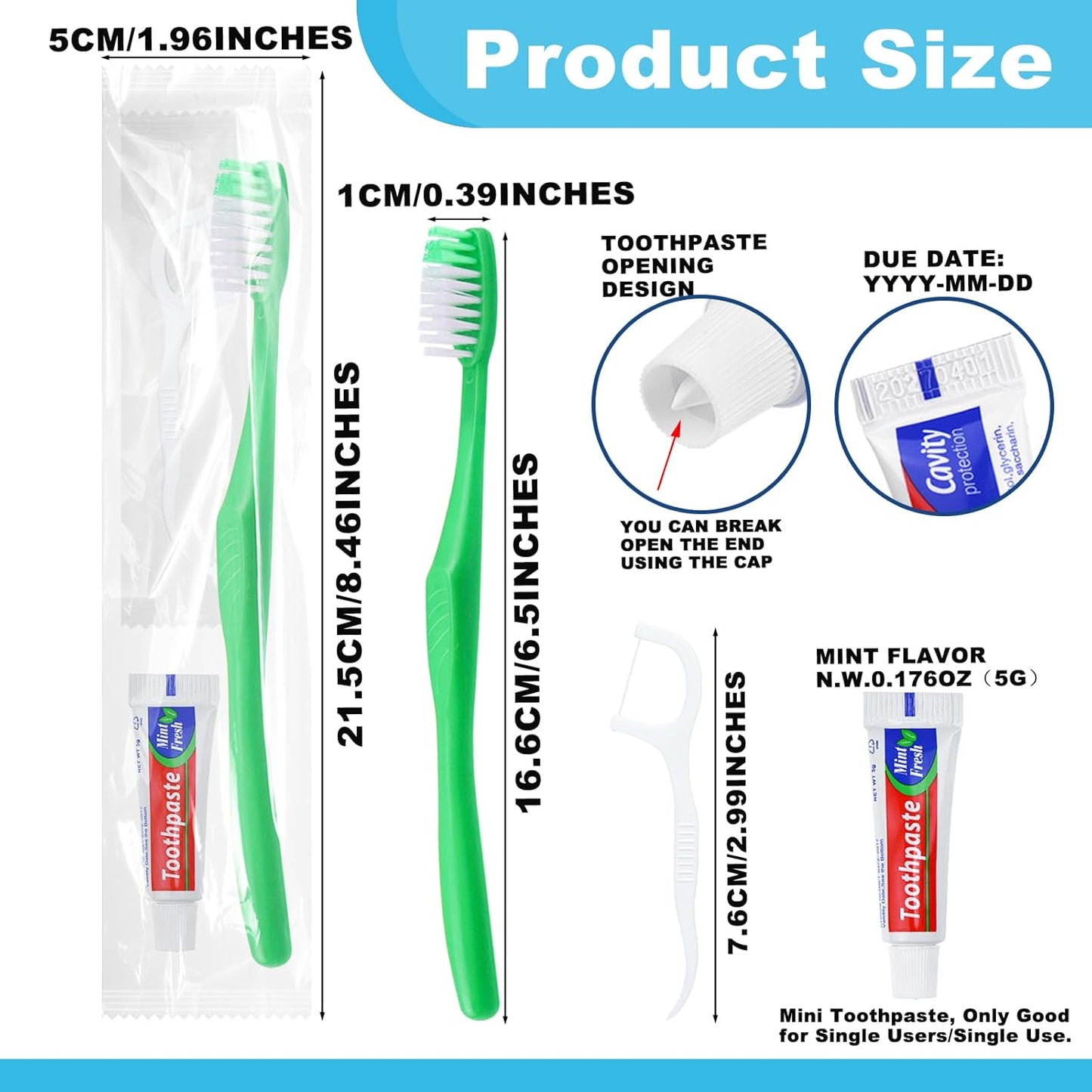 Disposable Toothbrushes with Toothpaste and Floss,10Pcs Green Single Use Individually Wrapped Disposable Travel Toothbrushes and Dental Floss Kit Bulk for Homeless,Airbnb,Hotel,Dentist
