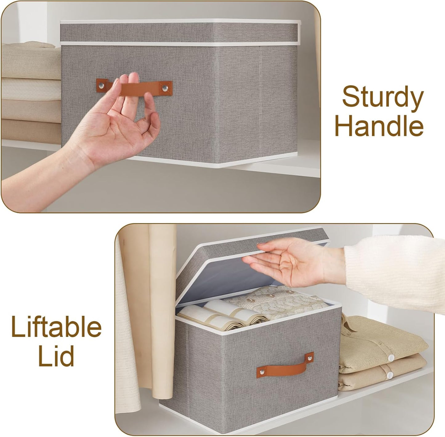 Fabric Storage Bins with Lids, Linen Foldable Clothes Boxes, Closet Organizer Containers with Double Handles, Baskets for Bedroom, Grey, 3 Pack, 13 x 9.1 x 7.9 Inch