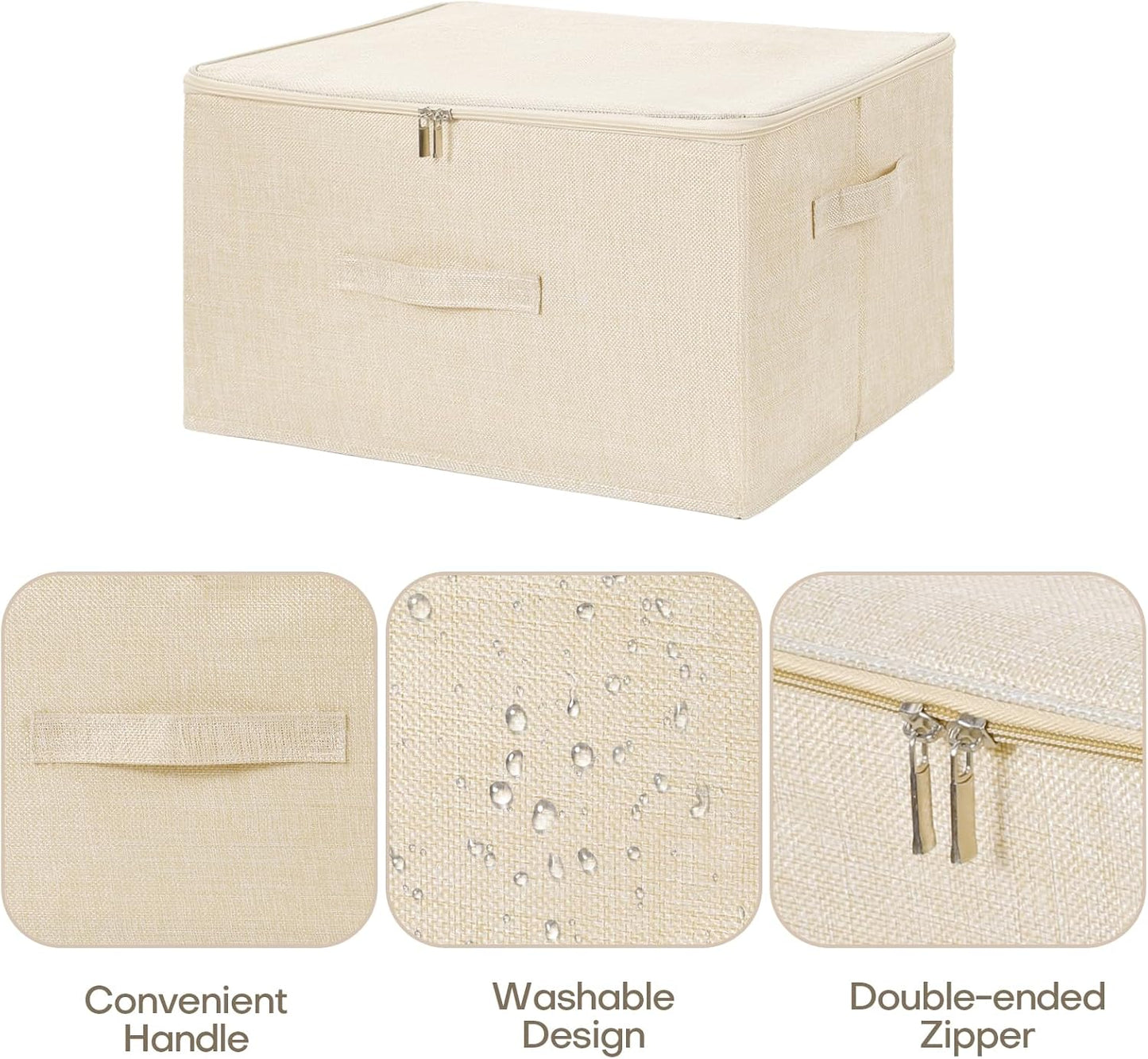 ANMINY 3PCS Storage Bins with Zipper Lids 51.9 Qt Lidded Fabric Storage Boxes Baskets Cubes with Handles Collapsible Washable Cotton Linen Closet Shelf Clothes Organizer - Beige, Extra Large
