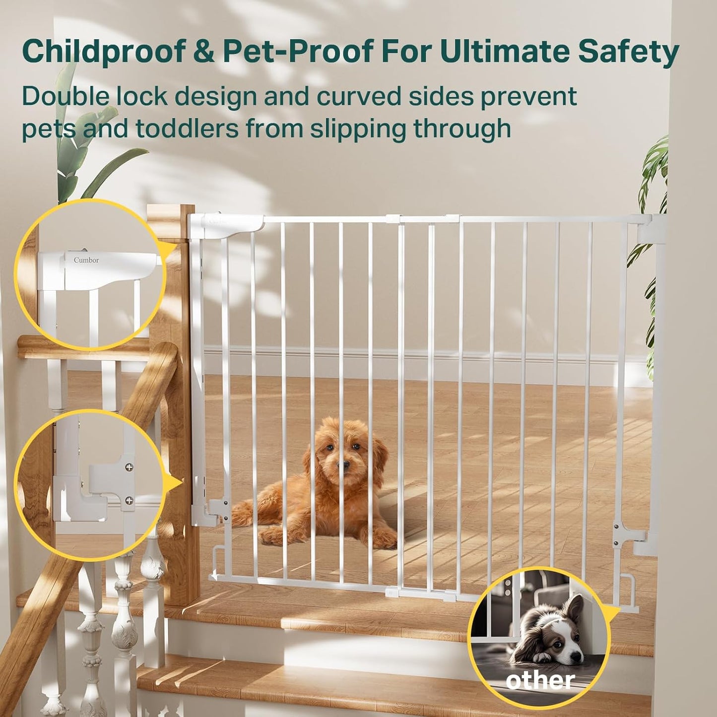 Cumbor 34" Extra Tall No Bottom Bar Baby Gate for Stairs, Wall Mounted Dog Gate Indoor for Larger Pets, Expandable 29.2-43" Safety Gate for Doorways, Wide Walk Thru Door for Easy Access (White)