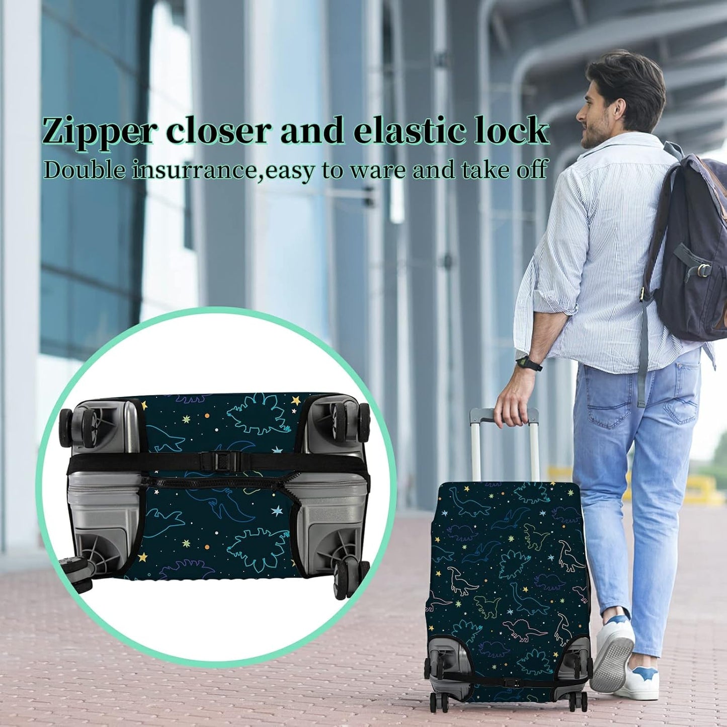 Luggage Cover Suitcase Protector Plus 1 Luggage Tag, Dinosaurs Space Travel Suitcase Cover Suitable for 26-28 inch Luggage (L) with Concealed Zipper Washable Elastic Cloth Dustproof Anti-Scratch