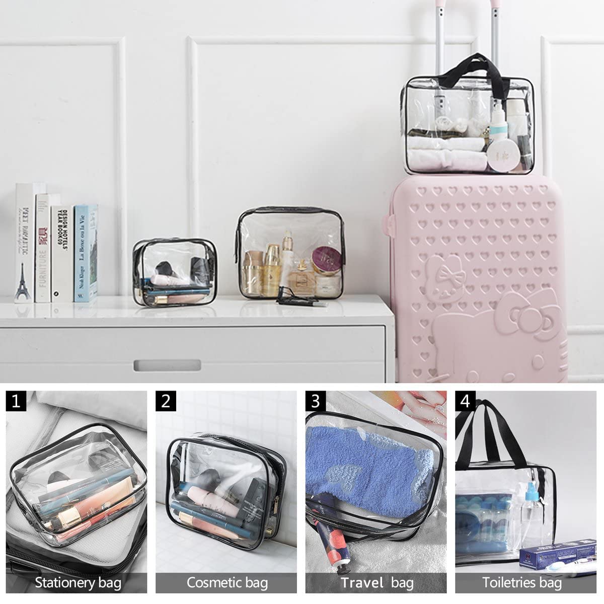 6Pcs Crystal Clear PVC Travel Toiletry Bag Kit for Women Men, Waterproof Vinyl Packing Organizer Storage Bags with Zipper Handle Straps, Cosmetic Pouch Carry on Airport Airline Compliant Bag Handbag